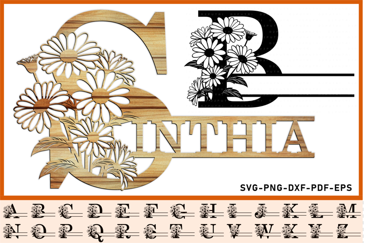 Daisy Monogram Split Letters SVG Laser Cut Files, Font SVG