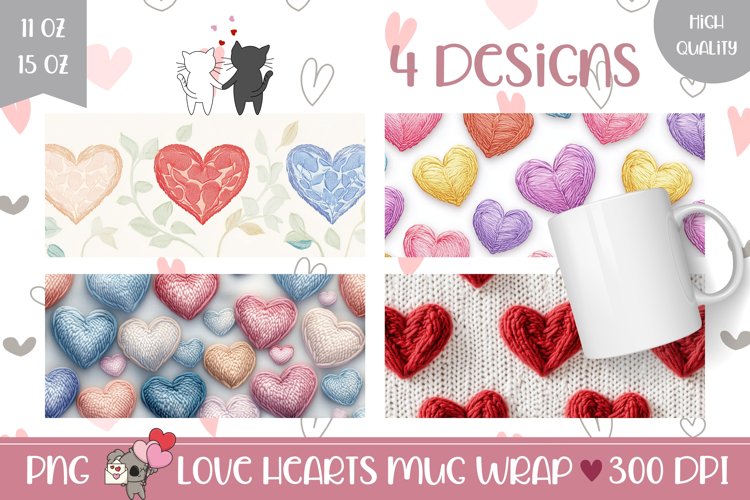 Knitted Love Hearts Mug Wraps, Love Mug Sublimation Designs