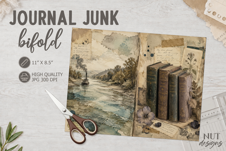 Vintage Junk Journal Bifold collage river landscape