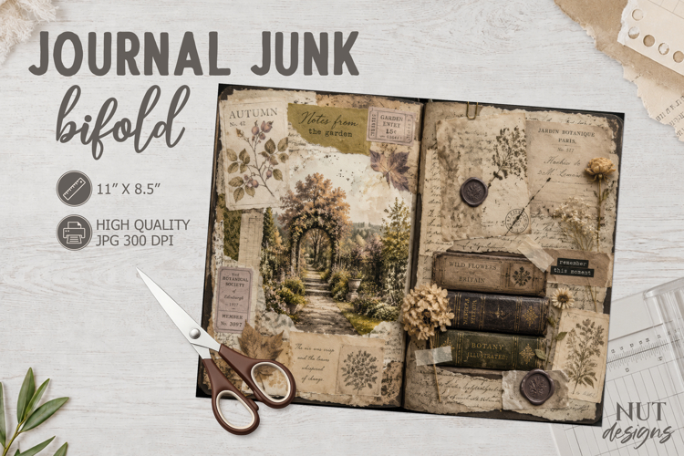 Vintage Junk Journal Bifold antique botanical garden collage