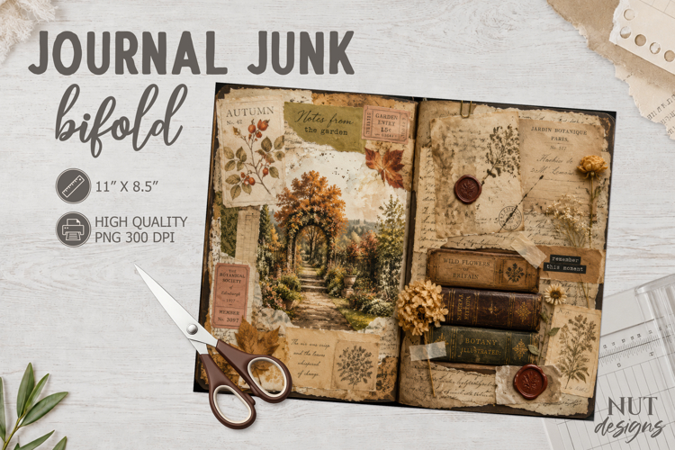 Vintage Junk Journal Bifold antique botanical garden collage