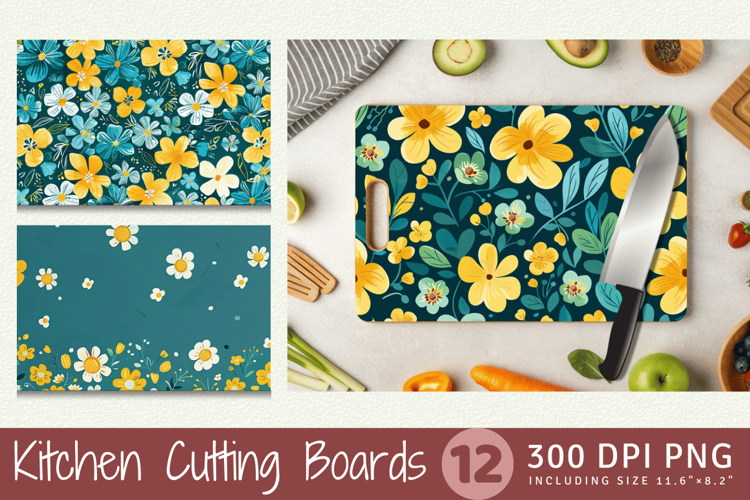 Teal & Yellow Cute Flowers Cutting Boards sublimation Design
