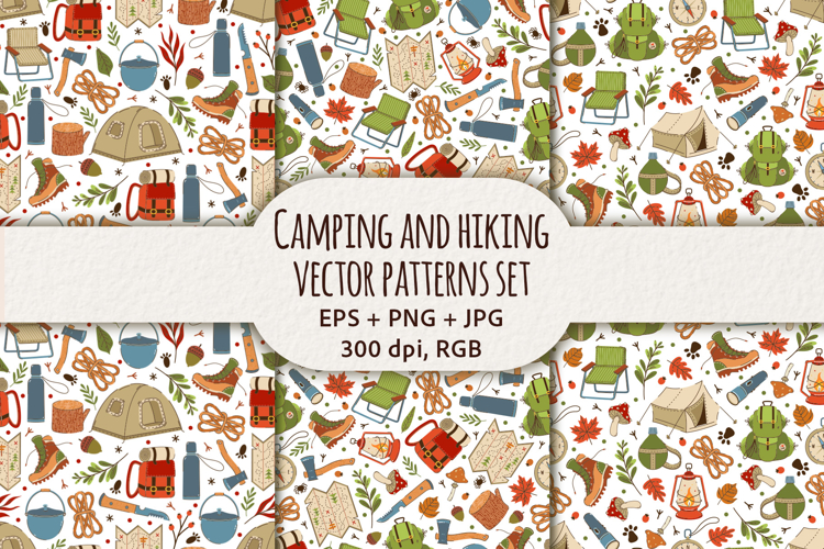 Camping and hiking seamless vector patterns set