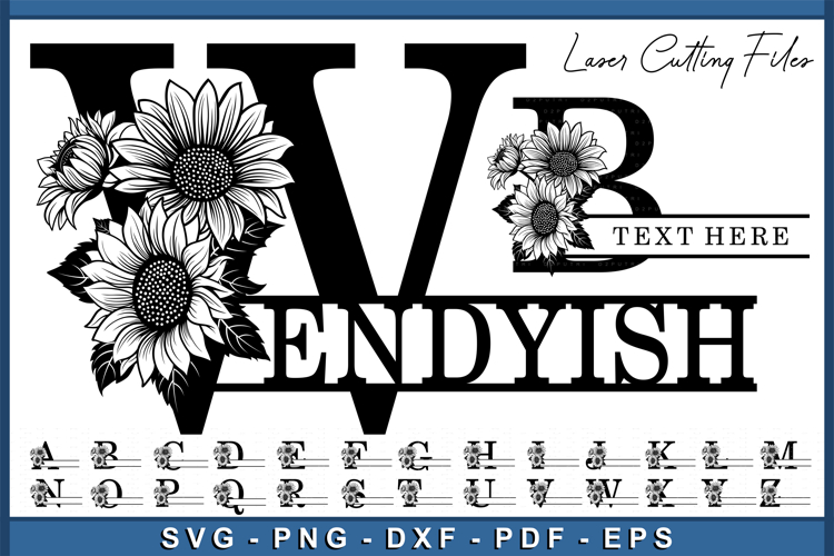 Sunflower Monogram Split Letters SVG Laser Cut Files