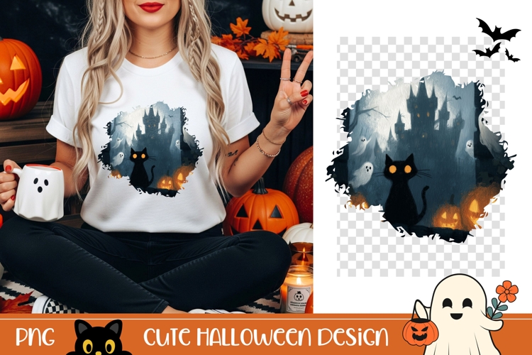 Halloween Castle PNG, Spooky Halloween Black Cat T-Shirt PNG