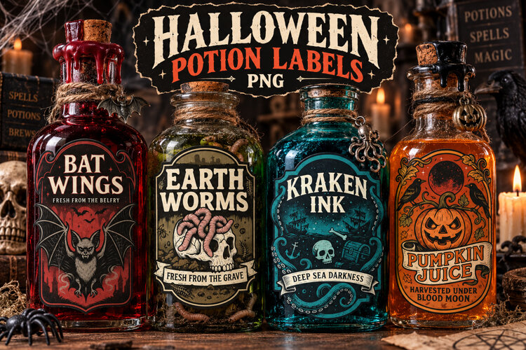 Halloween Potion Labels PNG, Vintage Spooky Bottles example image 1