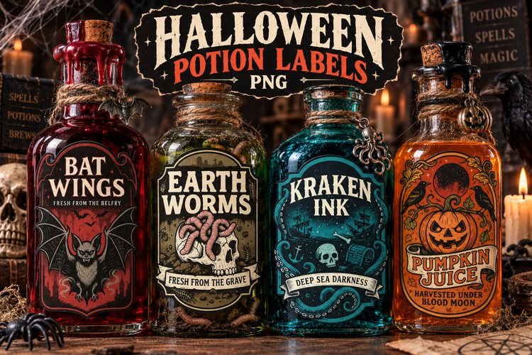Halloween Potion Labels PNG, Vintage Spooky Bottles