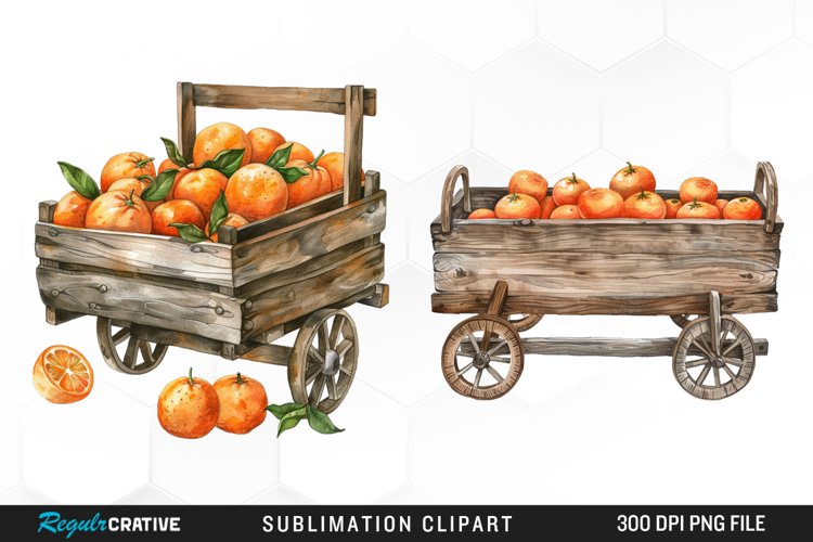Watercolor Oranges In Wood Cart Clipart