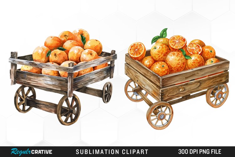 Watercolor Oranges In Wood Cart Exquisite Clipart example image 1