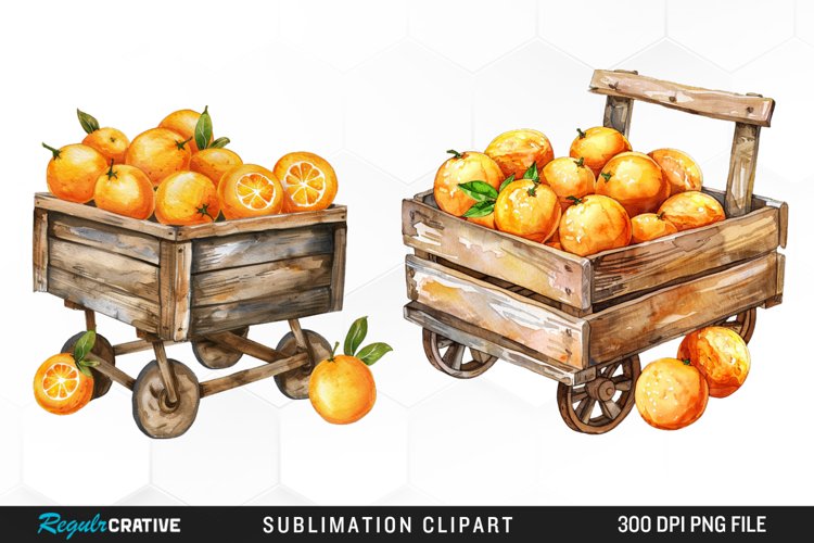 Watercolor Oranges In Wood Cart Exquisite Clipart example image 1