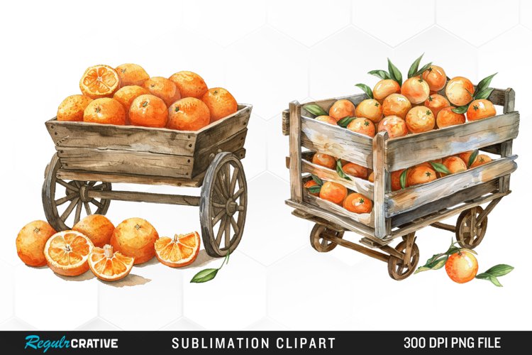 Watercolor Oranges In Wood Cart Exquisite Clipart example image 1