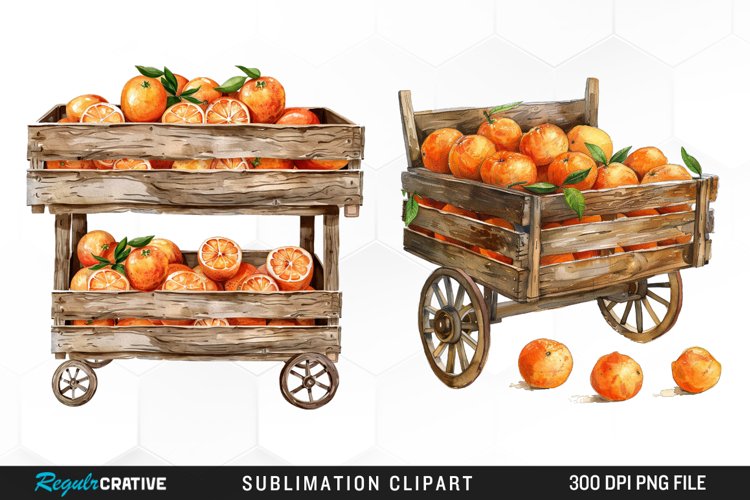 Watercolor Oranges In Wood Cart Clipart example image 1