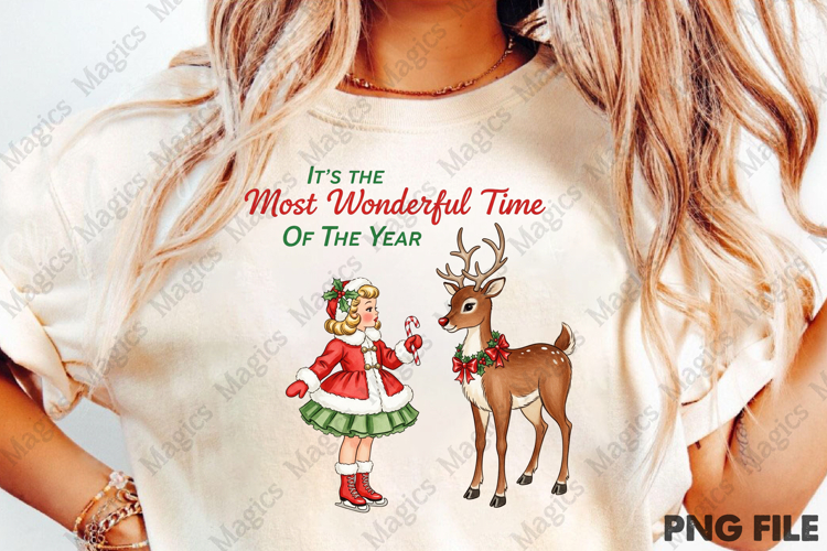 Vintage Christmas PNG, Girl with Deer