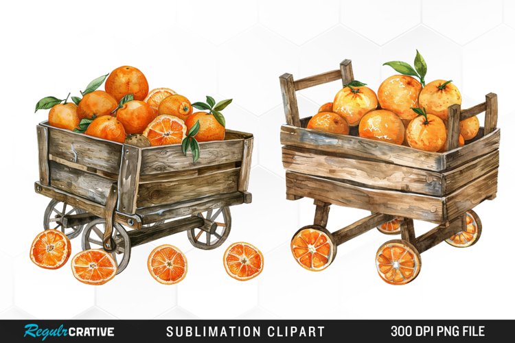 Watercolor Oranges In Wood Cart Clipart