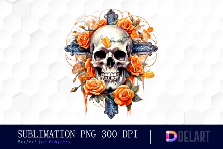 Skull and Orange Roses Sublimation Clipart