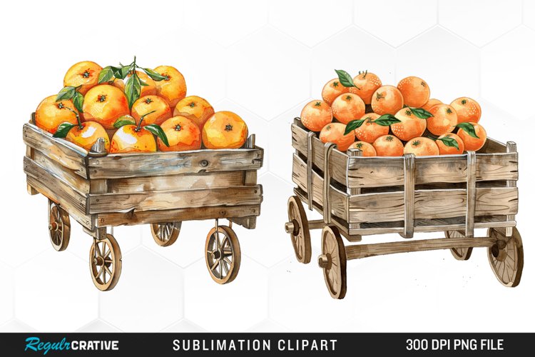 Watercolor Oranges In Wood Cart Clipart example image 1