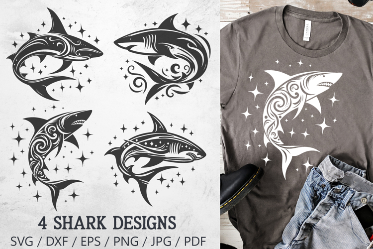 Tribal Shark Silhouette SVG | 4 Shark Designs PNG