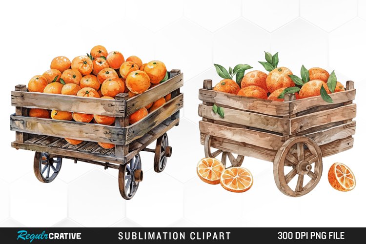 Watercolor Oranges In Wood Cart Clipart example image 1