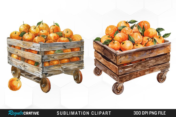 Watercolor Oranges In Wood Cart Clipart example image 1