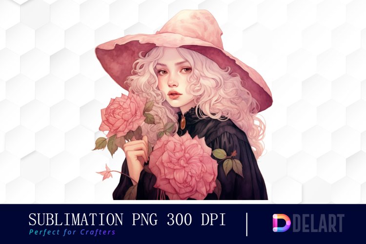 Watercolor Pink Witch Clipart, Artwork
