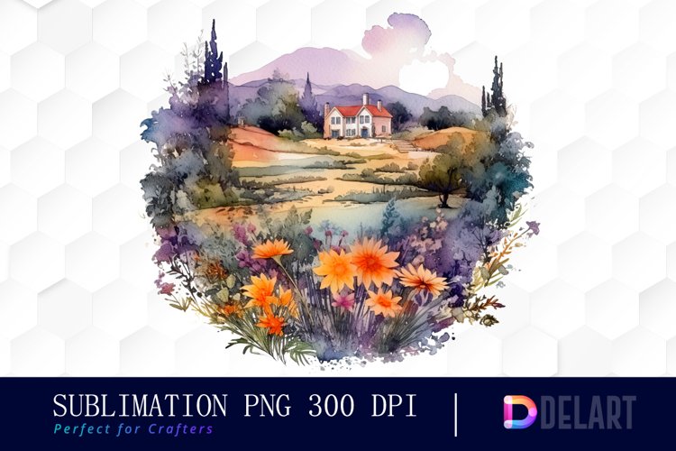 Watercolor Floral Landscape Vintage Sublimation Art