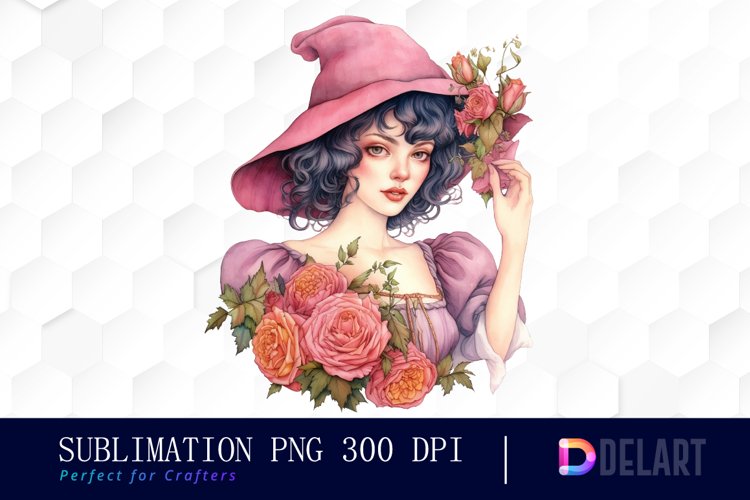 Watercolor Pink Witch Sublimation Clipart