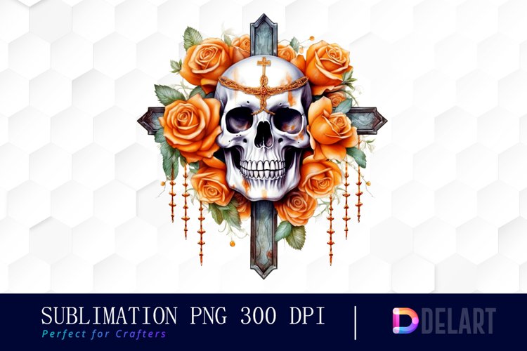 Skull and Orange Roses Clipart