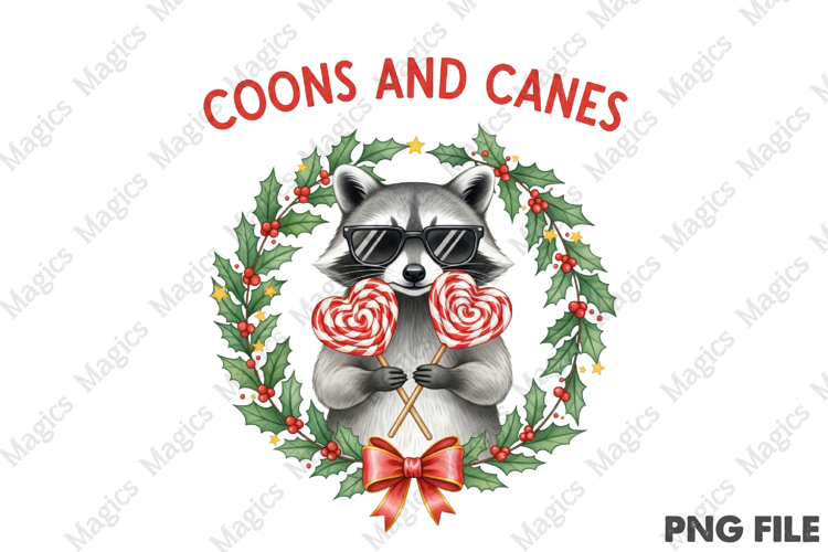 Funny Christmas Raccoon Candy Cane PNG