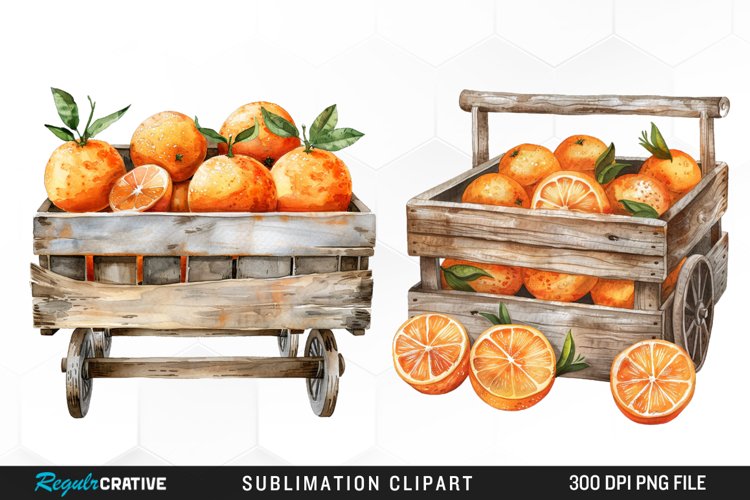 Watercolor Oranges In Wood Cart Clipart example image 1