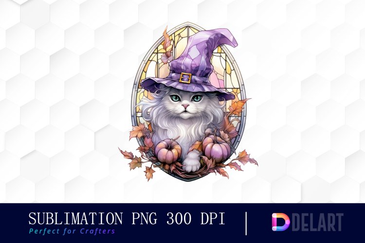Watercolor Stained Glass Witch Cat Sublimation Clipart