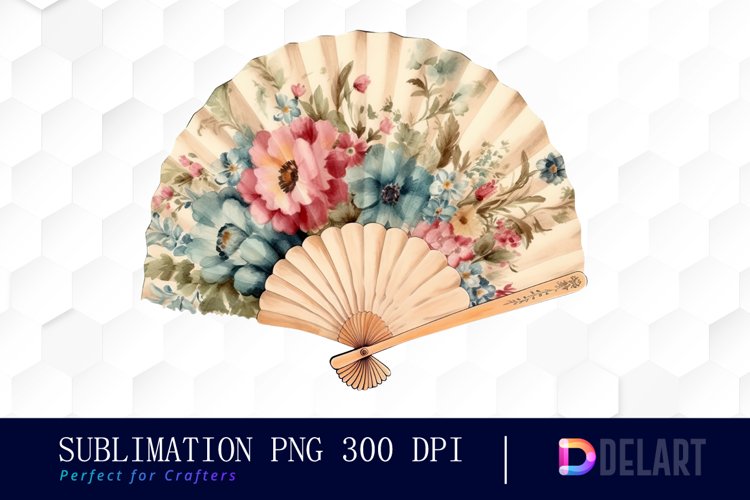 Retro Floral Hand Fan Watercolor Clipart