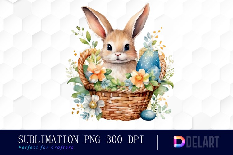 Watercolor Bunny in Easter Basket Clipart Design