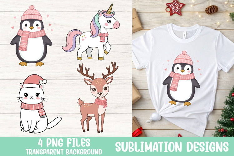 Christmas Penguin, Unicorn, Cat, Deer PNG Sublimation