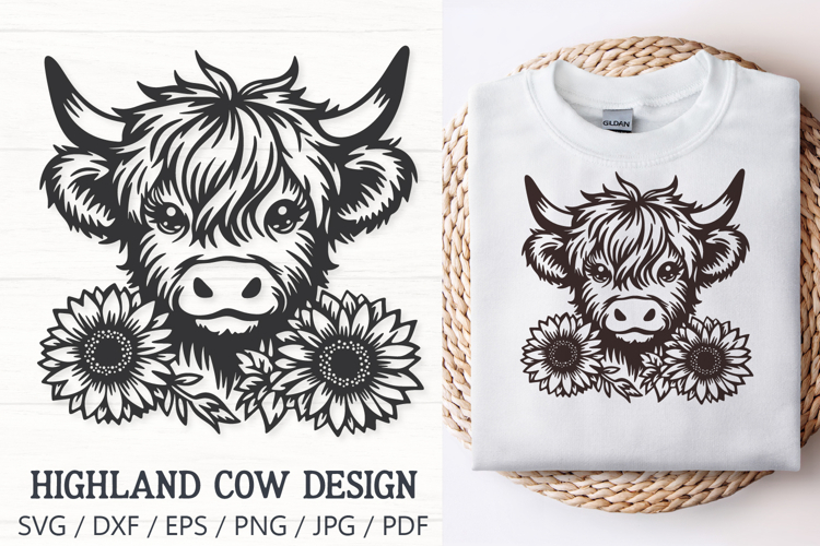 Highland Cow with Sunflowers SVG | Cute Farm Animal Cut File