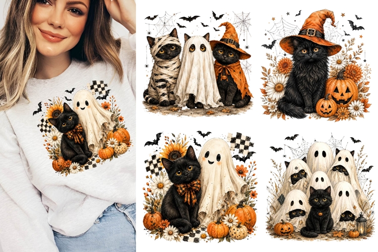 Halloween Black Cats Cute Ghost Witch Pumpkin Sublimation
