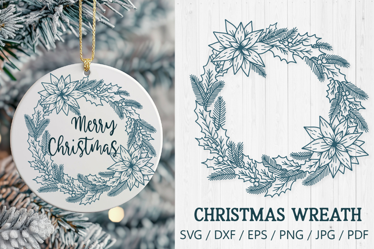 Christmas Wreath SVG | Poinsettia and Holly Circle Frame