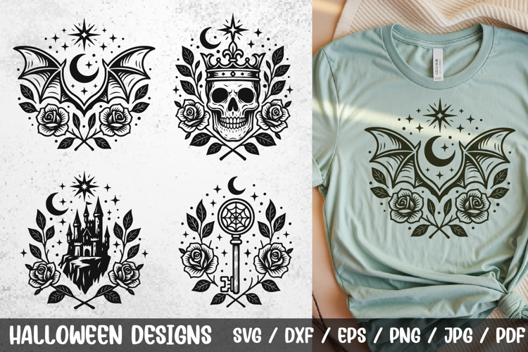Gothic Halloween SVG |Skull Crown, Bat, Castle & Key Designs