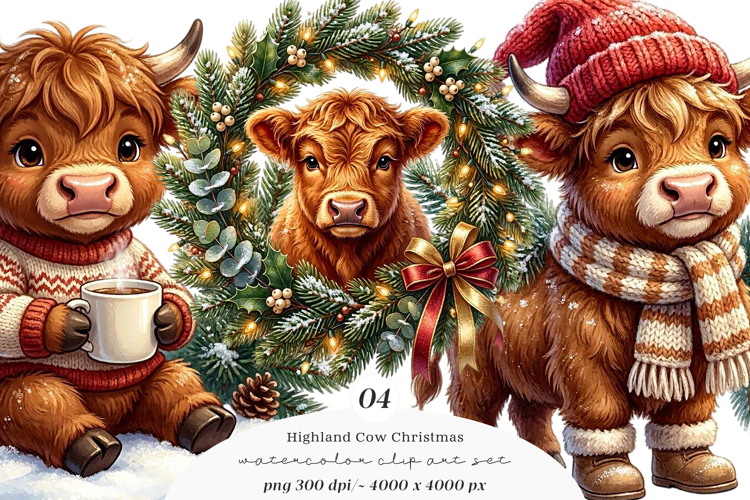 Highland Cow Christmas Clipart example image 1