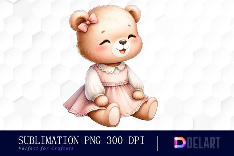 Watercolor Baby Girl Bear Clipart, Sublimation Art