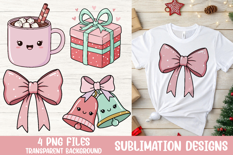 Christmas Cocoa Gift Bow Bells PNG Sublimation Clipart
