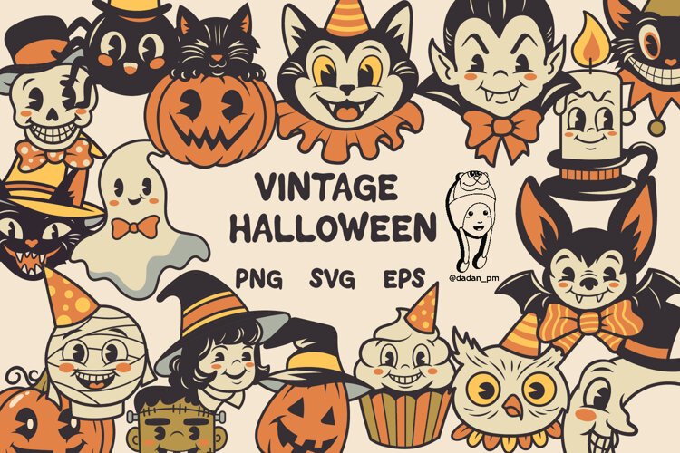 Vintage Halloween Cute Characters Clipart example image 1