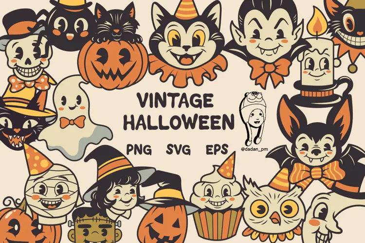Vintage Halloween Cute Characters Clipart