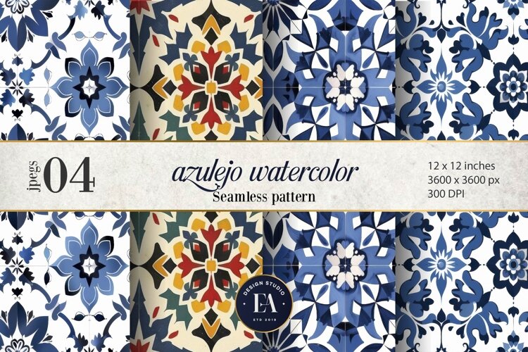 Azulejo watercolor Tile Pattern | Moroccan Traditional tiles example image 1