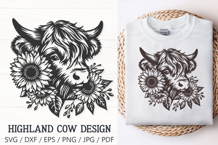 Highland Cow with Sunflowers SVG | Cute Farm Animal PNG File