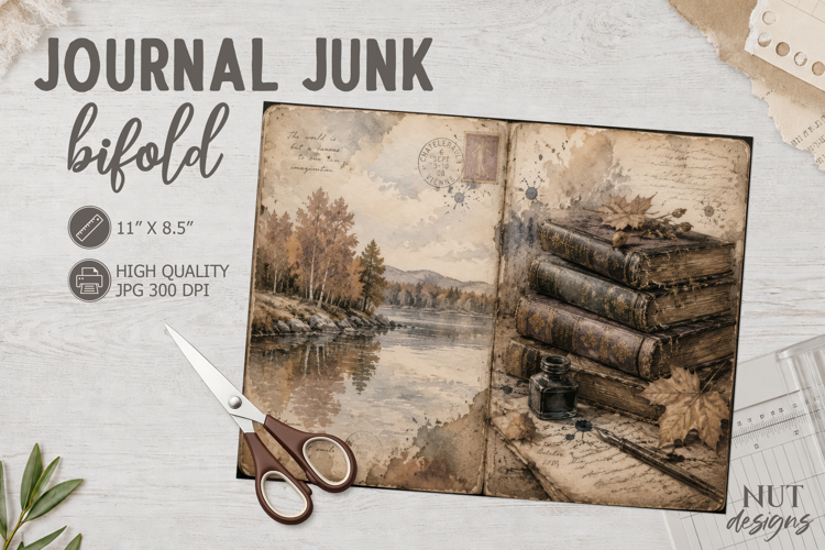 Vintage nature Junk Journal Bifold collage lake landscape