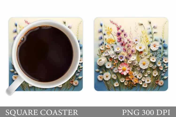 3D Wildflowers Coaster Design. Flowers Square Coaster