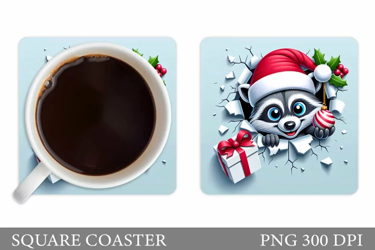 Christmas Raccoon Coaster. Cute Raccoon Broken Wall Coaster