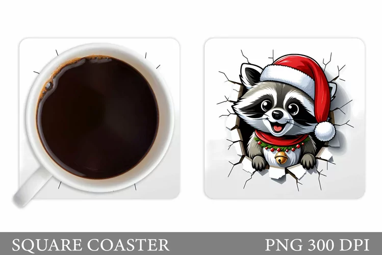 Christmas Raccoon Coaster. Cute Raccoon Broken Wall Coaster