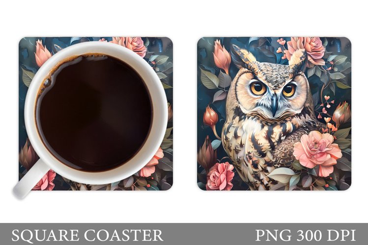 Owl Coaster Sublimation. Owl Flowers Coaster Design example image 1