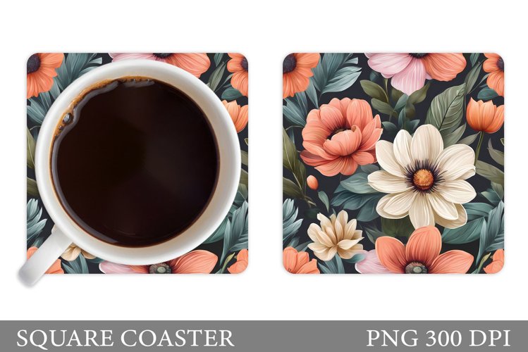 Flowers Square Coaster Sublimation. Flowers Coaster Design example image 1